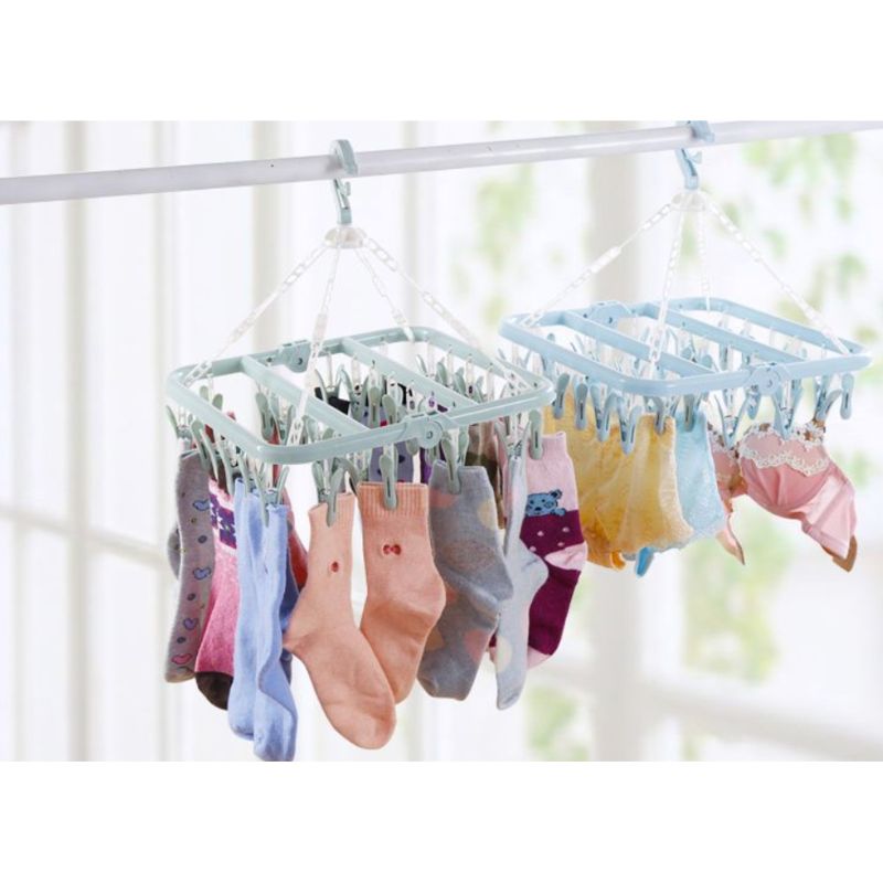 Foldable 32 Peg Windproof Clothes Hanger Dryer Washing Line Airer Clothes Underwear Socks Pants Hanger Household Storage
