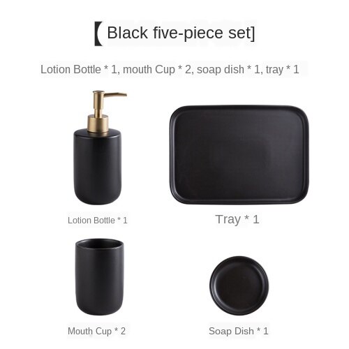 Northern European-Style Ceramic Sanitary Ware Washing Set Simple Toothbrush Cup Bathroom Decoration Toilet Tabletop: Matt Black 5 pcs