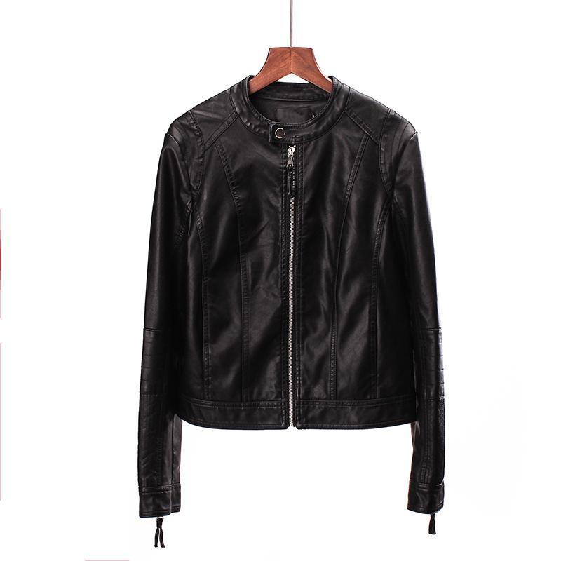 Spring Autumn Women Biker Leather Jacket Soft PU Leather Outwear Short Slim Zippers Biker Jackets: black / XL