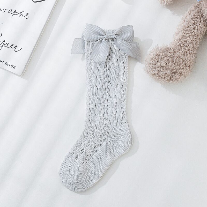 Calcetines largos con lazo para niñas pequeñas, calcetín hasta la rodilla, malla de algodón suave, estilo español, transpirables de 0 a 5 años: Gris / 0-1 Years (S)