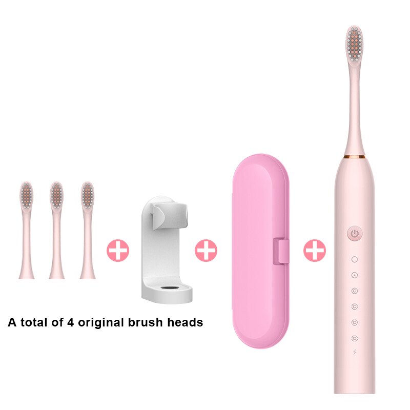 Schall- Elektrische Zahnbürste + Zahn Pinsel Kopf + Reise Kasten + Zahnbürste Halfter Ultra Schall- Automatische USB Aufladbare IPX7 Wasserdicht: Rosa 4 Kopf einstellen