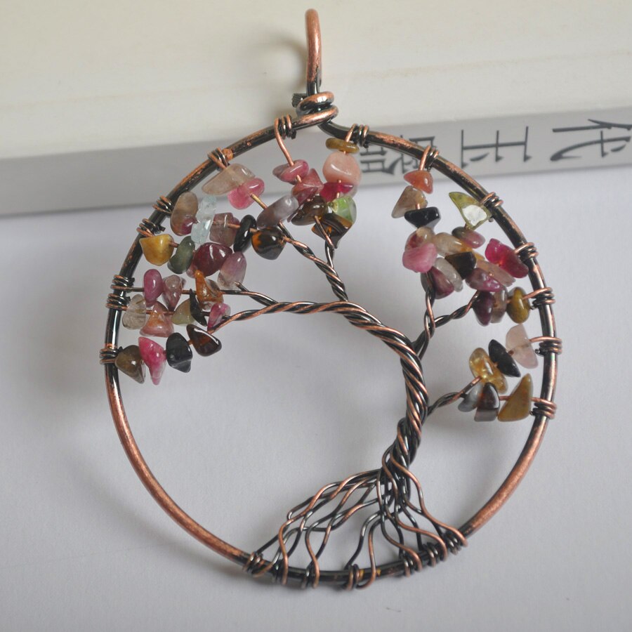 Lucky Handmade Tree of life Tourmaline Bronze Copper Wire Wrap Pendant Jewelry K2058