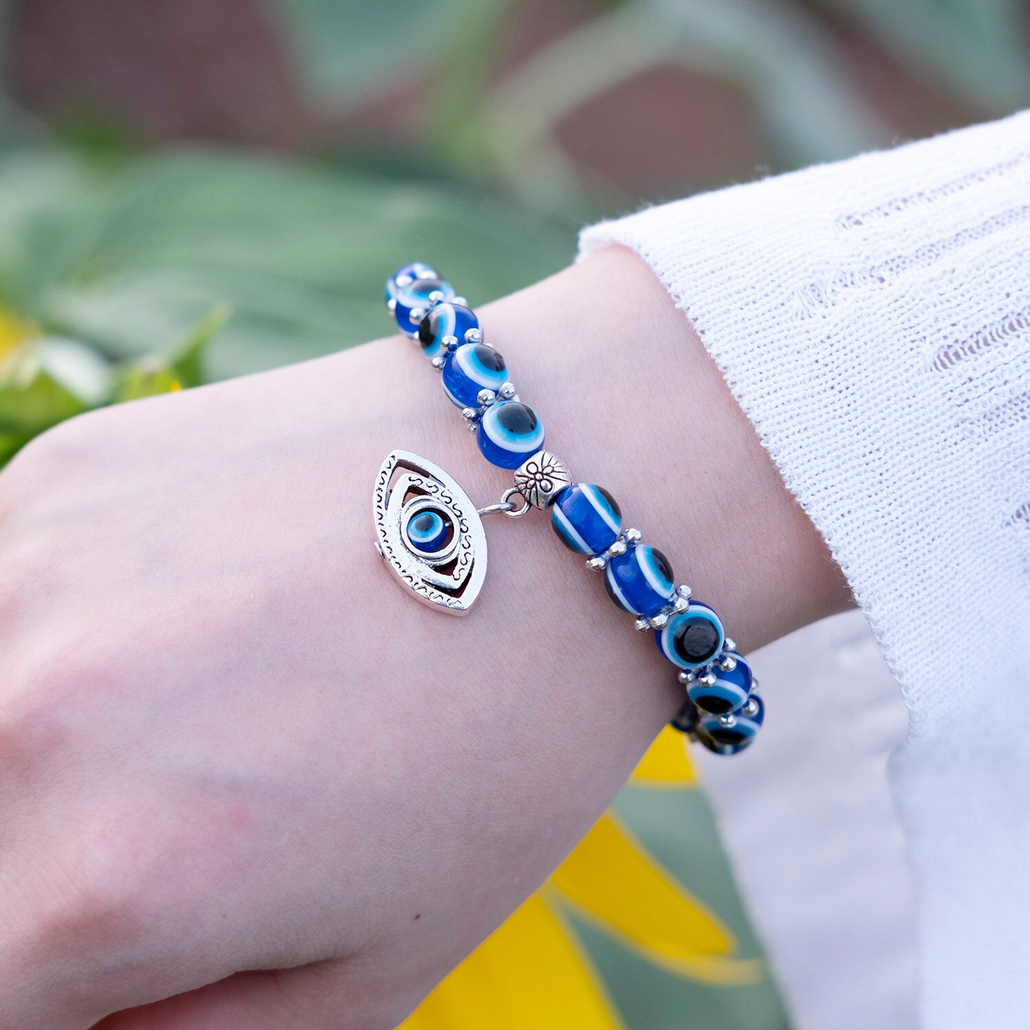 Niebieska bransoletka Evil Eye dla kobiet mężczyzn turecka dłoń wisiorek oczy koraliki Handmade szczęśliwa bransoletka elastyczna regulacja Charm bransoletka: Eye