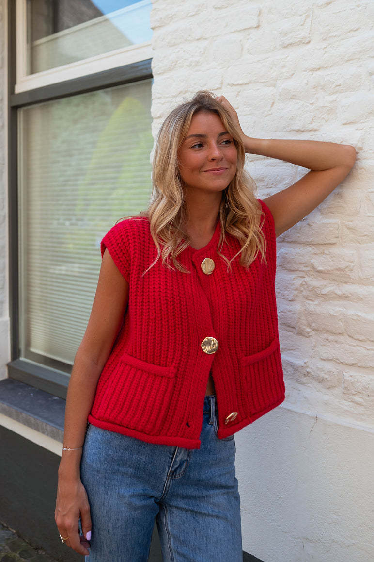 Efterårs cropped sweater dameveste rød ensfarvet løs afslappet sweatervest kabelstrikket sweatervest til kvinder toppe med lommer