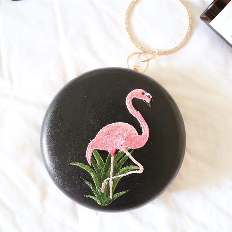 Women's Round Evening Bag - Vintage Style - Flamingo Embroidery - PU Leather - Chain Strap: Black