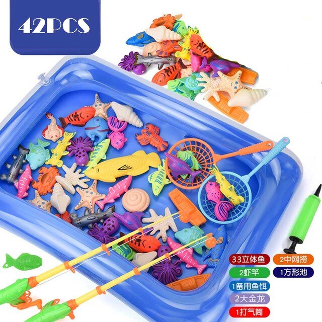 Juego de pesca con imanes para niños, juguetes de agua con imán de piscina inflable, caña de pescar, 15-68 piezas: 42pcs with pool