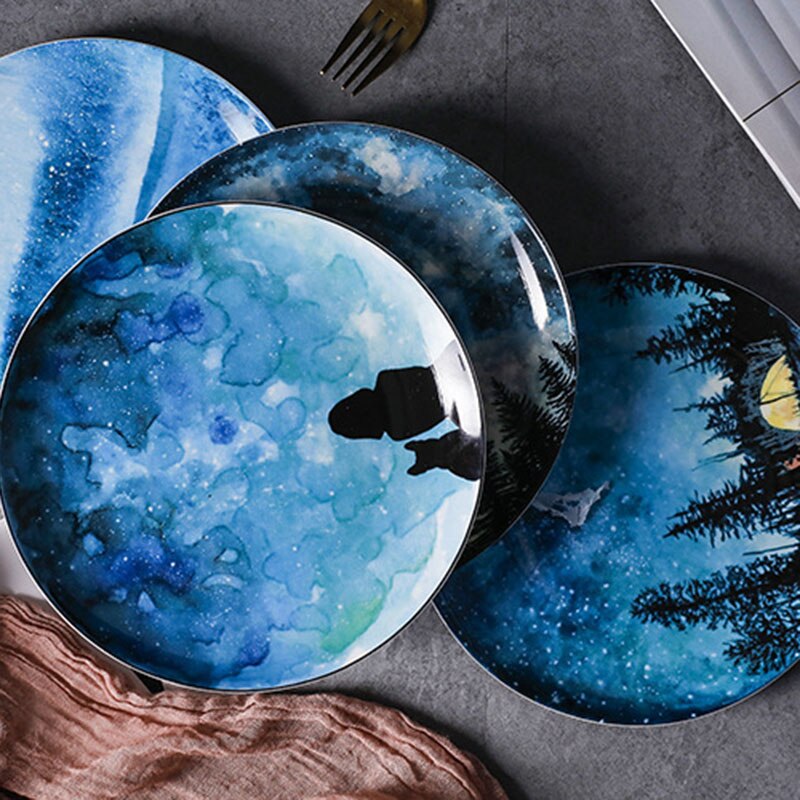 stary Dinner Plate Ceramic Dish Steak Salad Tray Dessert & Bread Plate Home Decor round Dish Specialty Plates fruit cake pastry