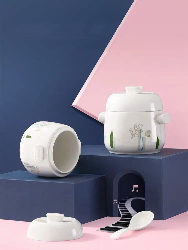 Ceramic Bird's Nest Porriage Egg Stew Pot With Spoon Stew In Water Jar One People Use 460/600ml Soup Pot Double Ear