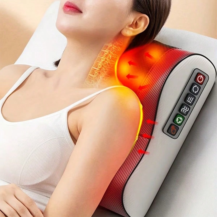 Neck Massager, Massage Pillow with 20 Massage Heads, Kneading and Heating Functions, 6-Button Control Suitable for Shoulders, Neck, Waist, and Back, Multi-Area Massager, Dual Modes for Home and Office Use,: Default Title