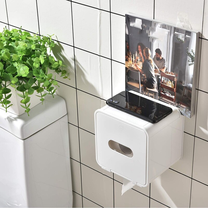 Waterproof All Covered Toilet Paper Holder Box,Wall Mounted Bathroom Paper Roll Holder,Adhesive Tissue Box with Shelves Storage,