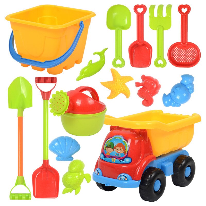 Colorful Beach Sand Toys Pools Water Fun Play Game Summer Toy Sand Molds Set Play Cart Baby Beach Game Kids: 15PCS-B