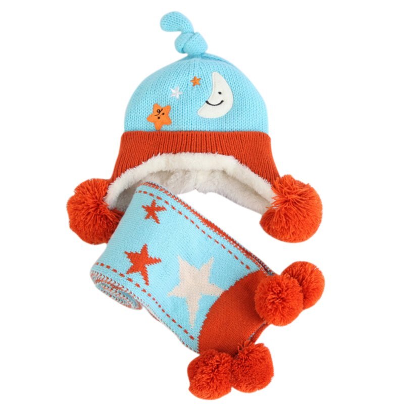 Smartbabyme 2PCs Autumn Winter Baby Hats Scarf Sets Toddler Kids Winter Scarf Hat Set Wool Knitted Crochet Earflap Cap + Scarf