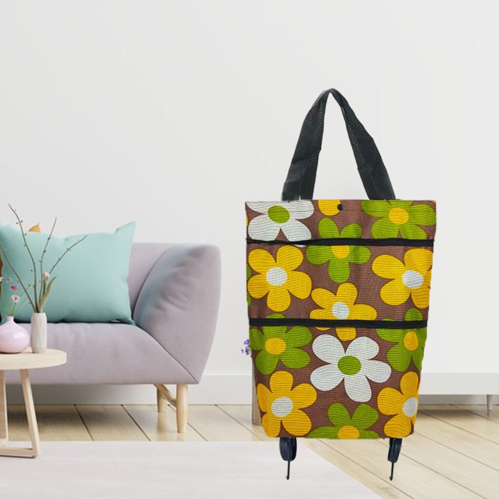 Light Weight Shopping Cart Storage with Wheels Printed Tidy Food Organizer Vegetables Bag Grocery Carts: Brown