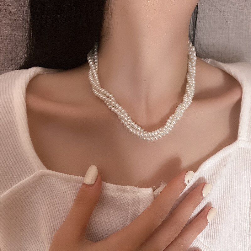 Multi-layer pearl winding necklace simple personality choker temperament sense of collar