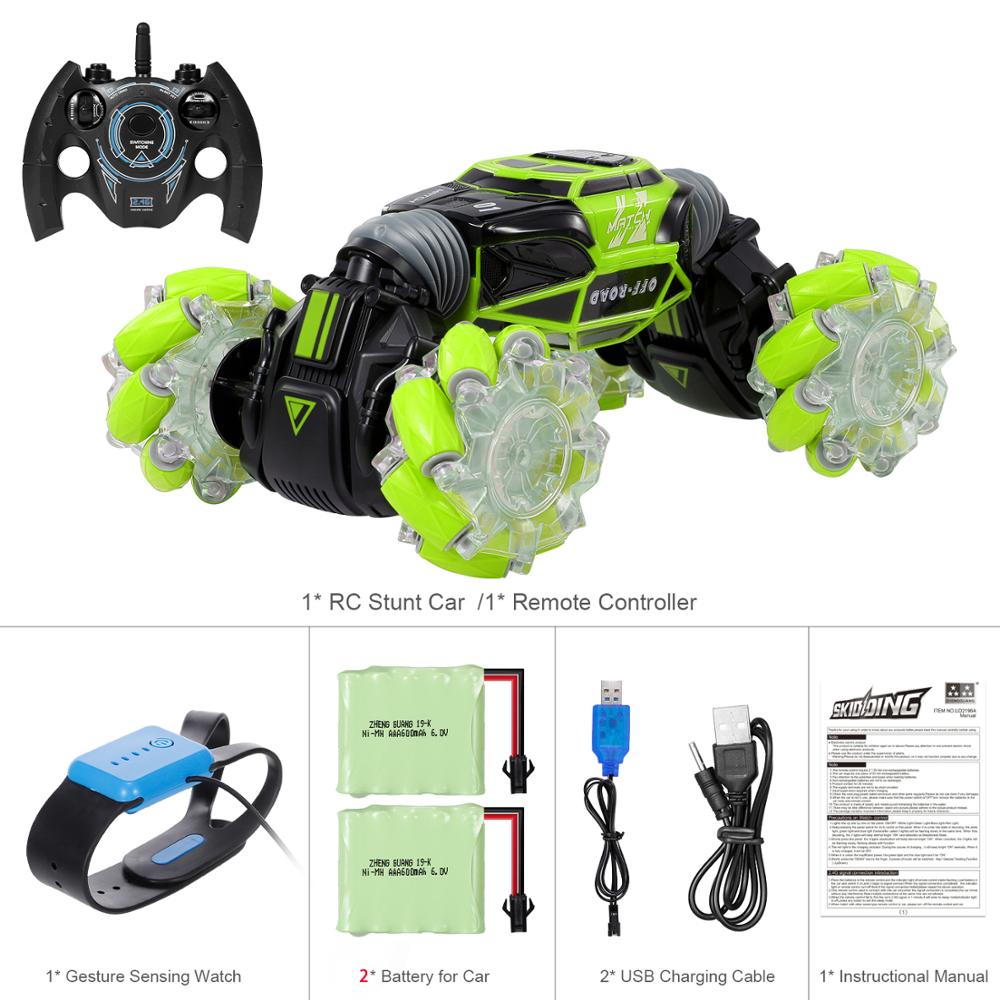 RC Stunt Car 4WD Watch Gesture Sensor Control Deformable Electric Car All-Terrain Transformable Car Auto-demo for Kids: Green 2 Batteries