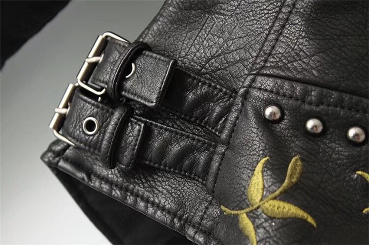 Euro Floral Embroidery Women Faux Leather Jacket Coat Lady Bomber Motorcycle Rivet Spliced Slim Short Jacket Outerwear