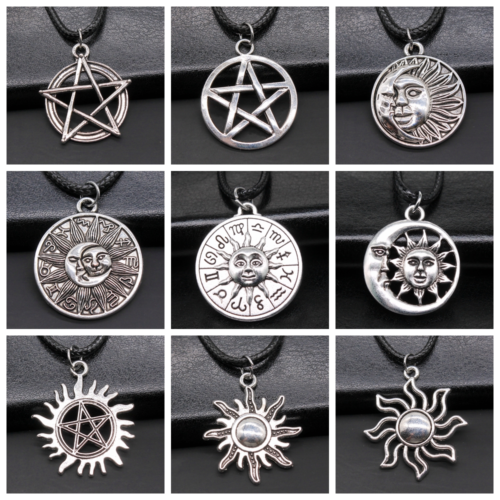 30 estilos Unisex amuleto Wicca joyería sol Luna estrella pentagrama colgante collar cordón de cuero negro