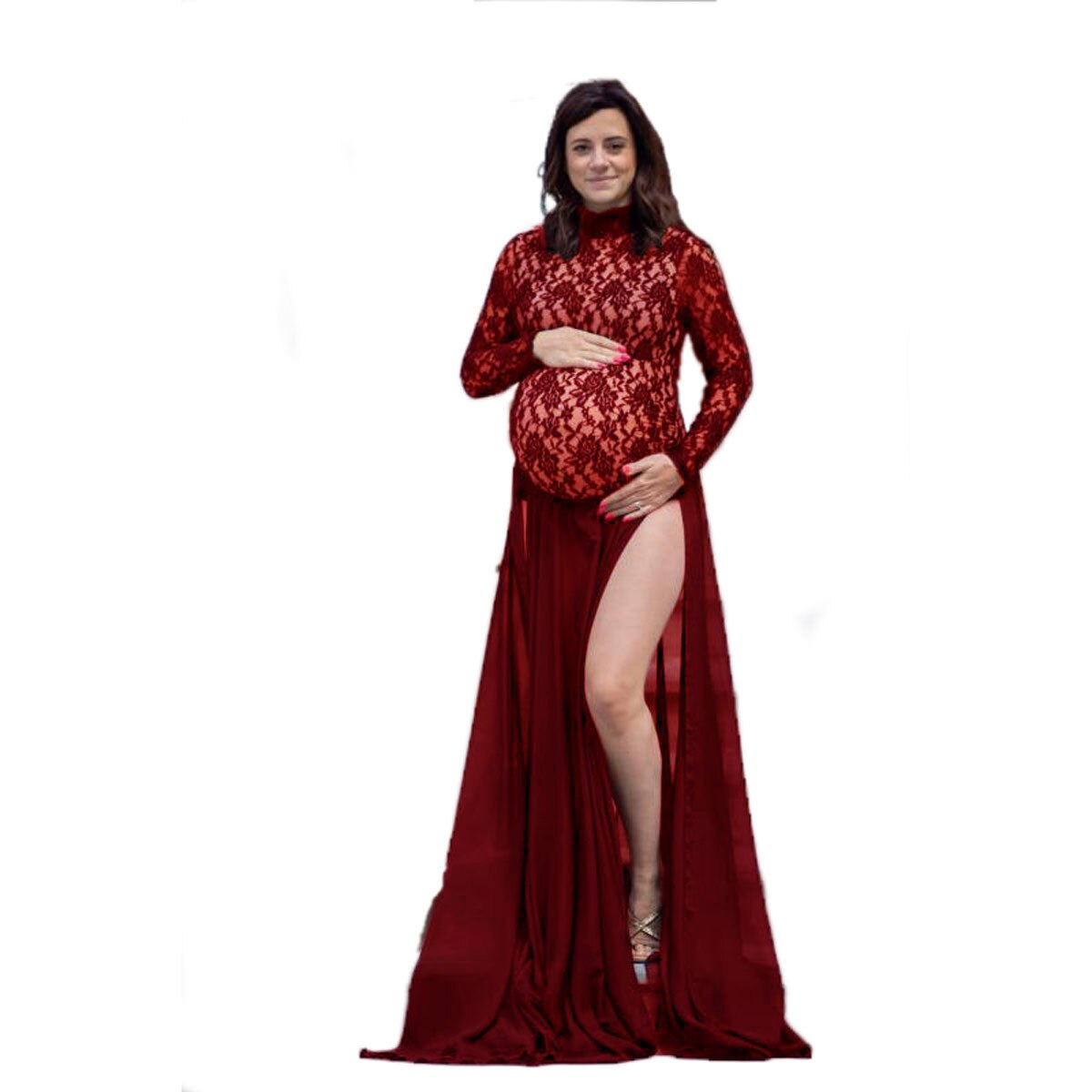neue Mutterschaft Spitze Kleid Kleider für Foto Schießen Schwangere Gesamt + Chiffon Schwangerschaft Fotografie Requisiten Q0411: Wein verrotten / M