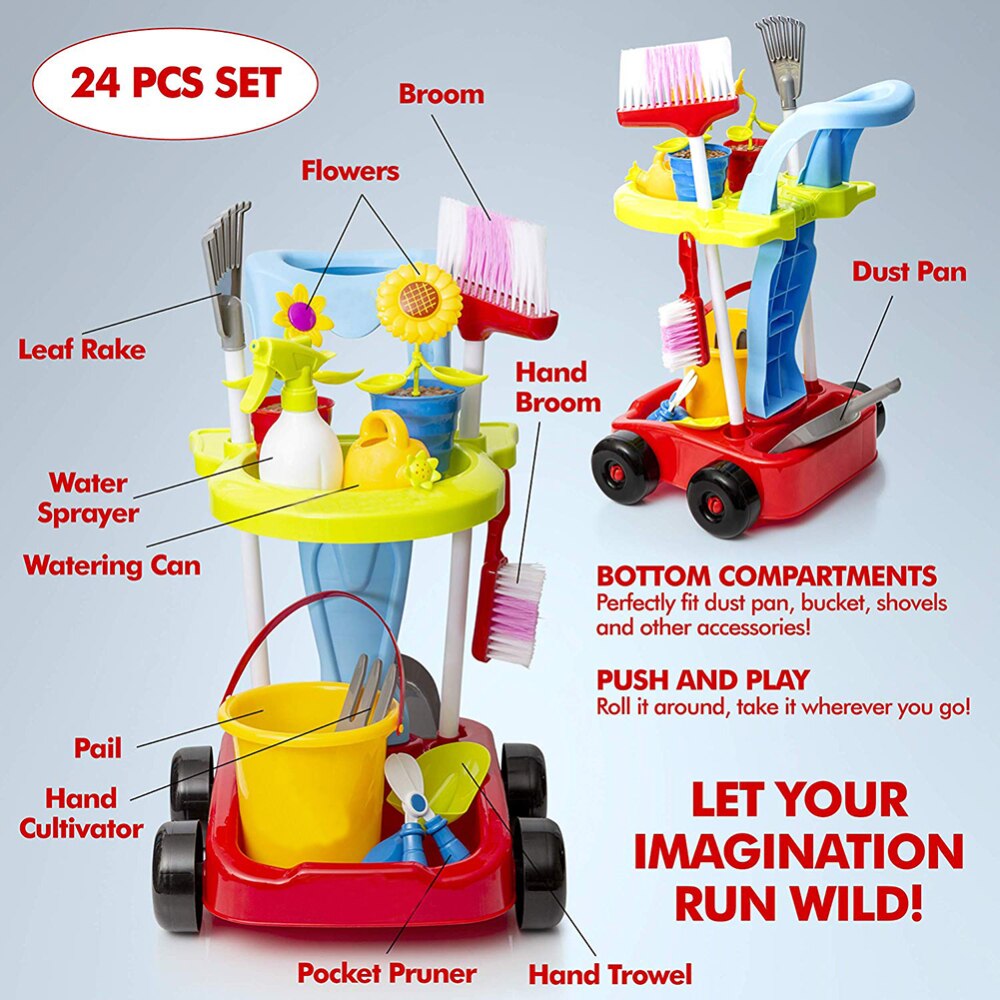 24 stk / sæt vandingsmurer skovl foregiver potteblomst havearbejde vogn legetøj sjove børn rengøringssæt