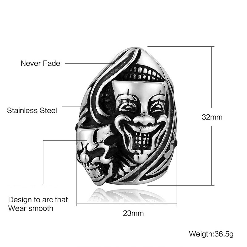 Vintage Gothic Big And Small Clown Skull Ring Men Boys Huge Stainless Steel Biker Rings Male Heavy Metal Punk Rock Jewelry