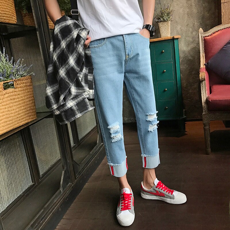 Ripped Hole Denim Cowboy Pants For Men Korean Slim Feet Male Jeans Beggar Youth Man Clothes Hip Hop Jeans