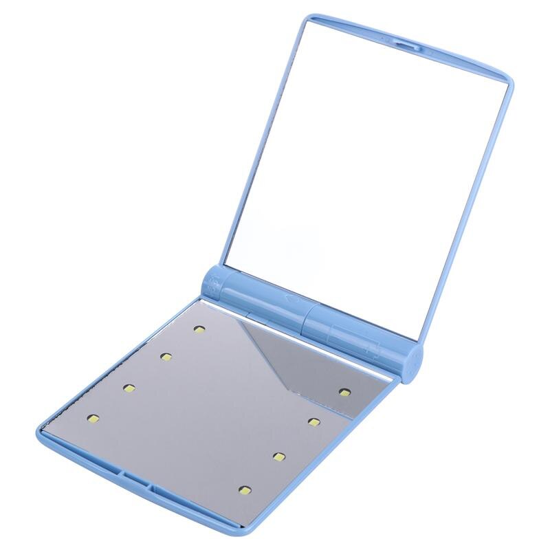Foldbart led makeup spejl lys firkantet med tosidet håndholdt makeup spejl iøjnefaldende mini makeup spejl til udendørs rejser: Blå