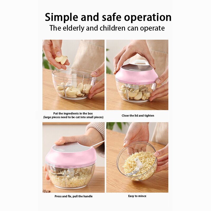 Mini Pink Food Processor 500 Ml Manual 3 Stainless Steel Blade Kitchen Meat Grinder Home