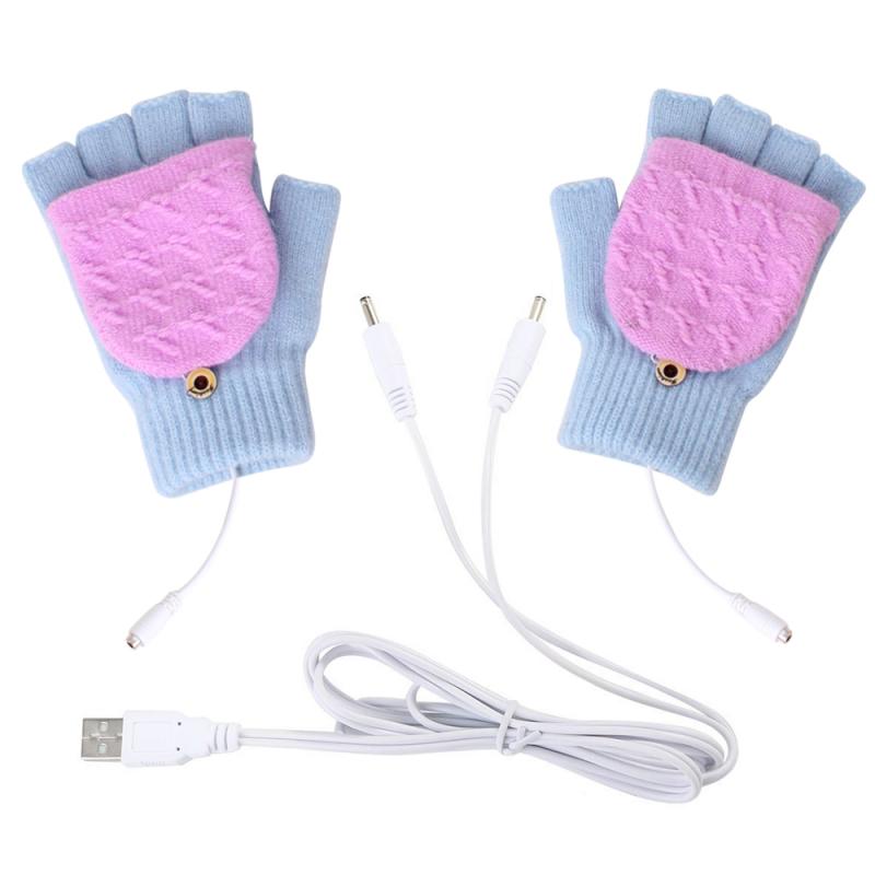 Men Women Winter Heated Gloves Hand Warmer Thermal Electric Gloves Waterproof USB Battery Powered For Half Fingerless Gloves: Blue