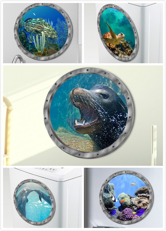 5 Styles Underwater Fish Wall Stickers PVC Waterproof Dolphin Turtle Sticker for Washing Machine Decoration for Bathroom Decals