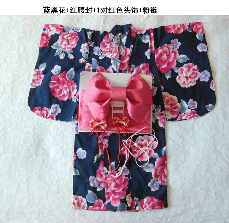 japanese traditional cotton Cosplay Kimono kawaii japan yukata kimono girl flowers kimono dress with obi: color2 / 3T