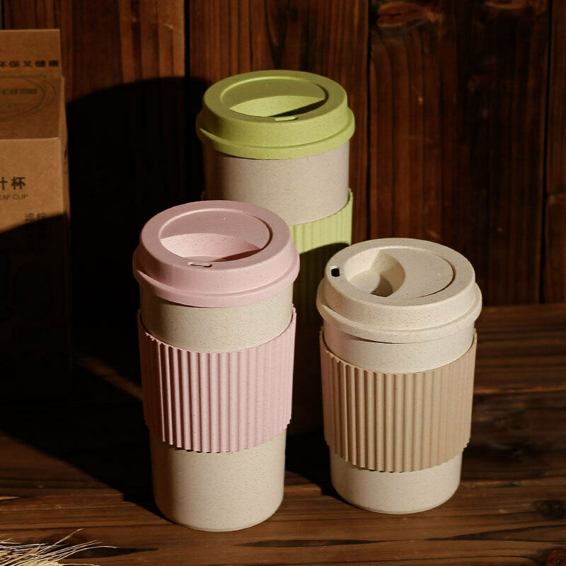 Taza de paja de trigo con tapa para el hogar, botella de agua portátil de viaje, respetuosa con el medio ambiente, 350ml, 450ml, 550ml
