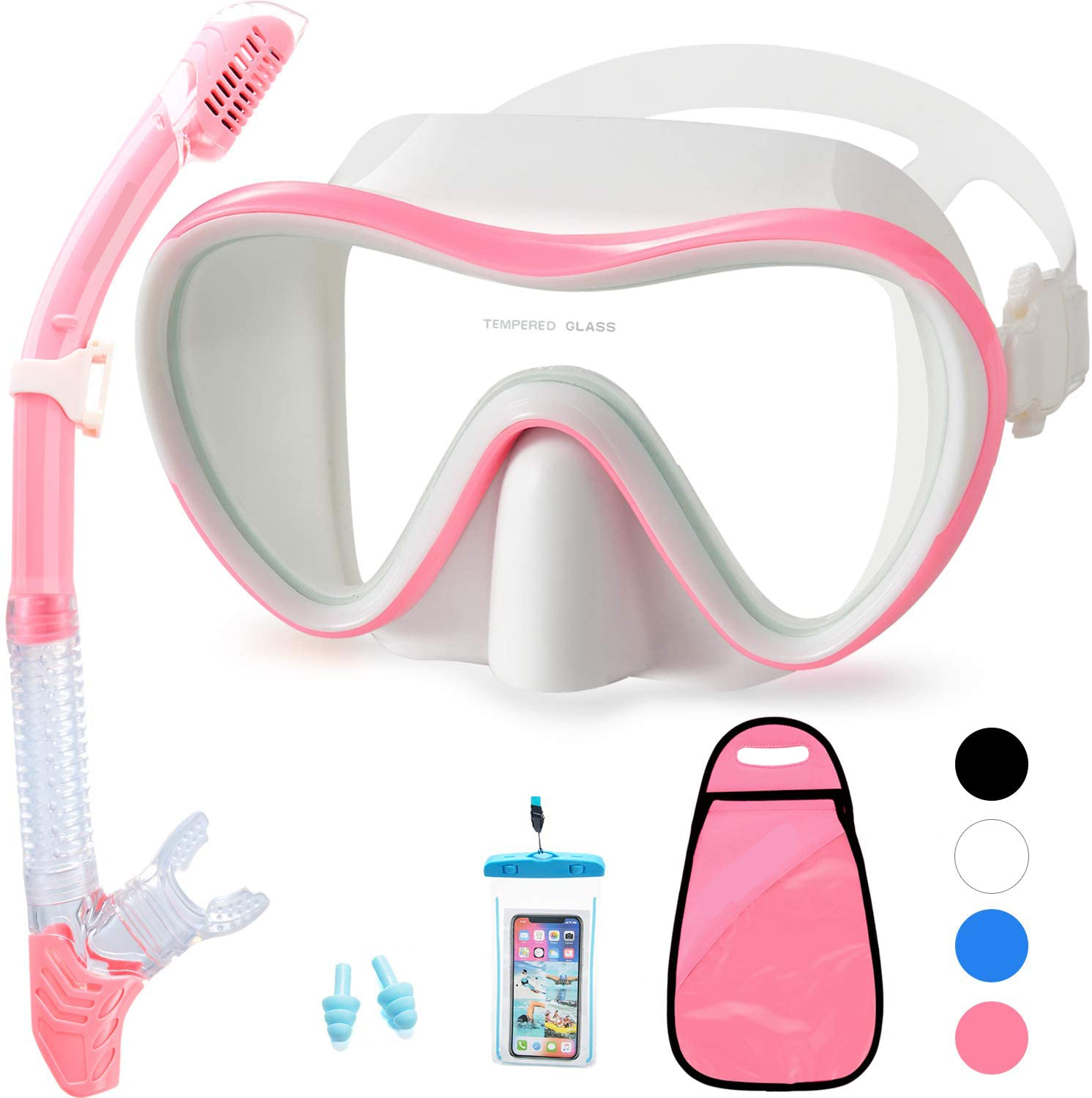 Duikbril Snorkel Set Met Waterdichte Draagtas Snorkelen Masker Met Slagvast Panoramisch Gehard Glas Zwemmen Volwassen: Pink White