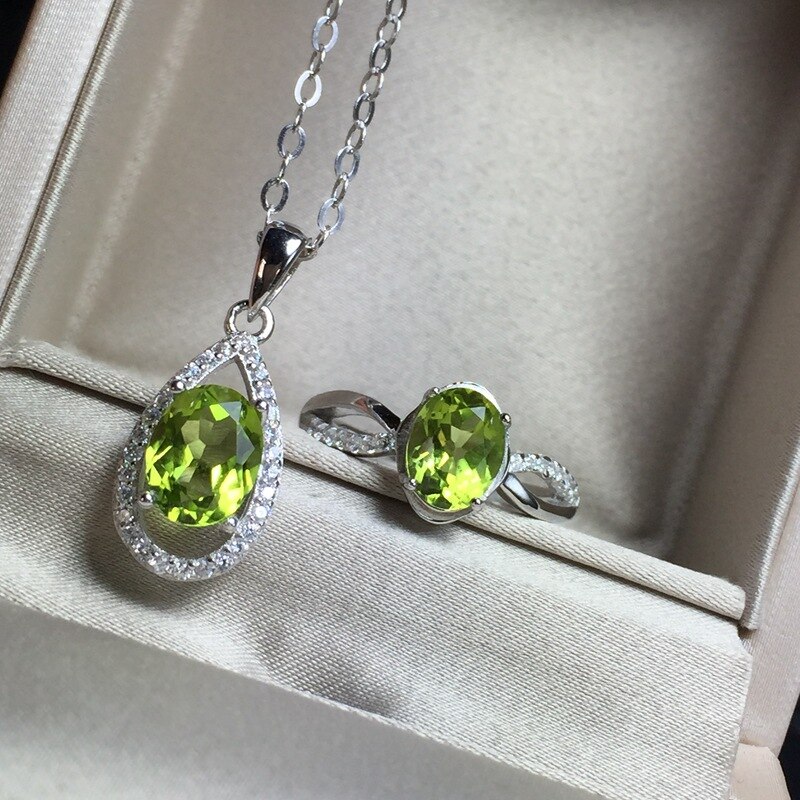 [MeiBaPJ Natural Peridot Gemstone Ring and Necklace for Women Real 925 Sterling Silver Green Stone Fine Jewelry Set