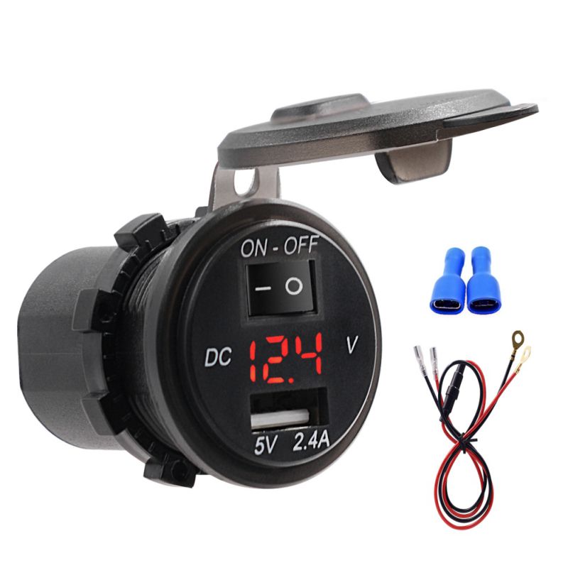 Cargador de moto interruptor usb impermeable, pantalla Digital de 2,4 a, voltímetro de 12V-24V, cargador para coche, barco y motocicleta con fusible de 20a, 60cm: RED
