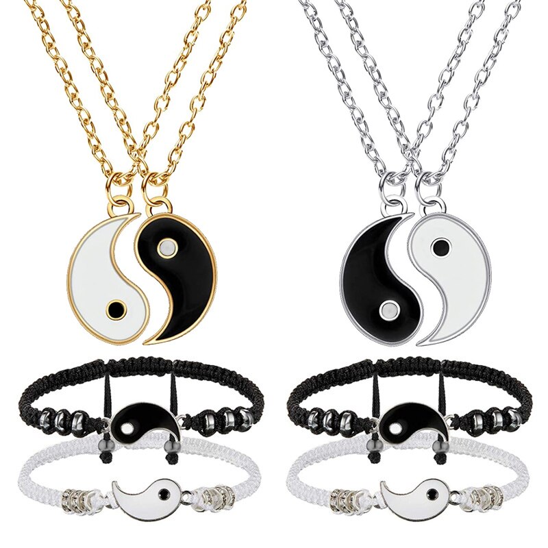 Set di collane per bracciali coppia Tai Chi cinese Fengshui porta fortuna cordoncino di cuoio bracciale intrecciato ciondolo in lega regalo braccialetto intrecciato