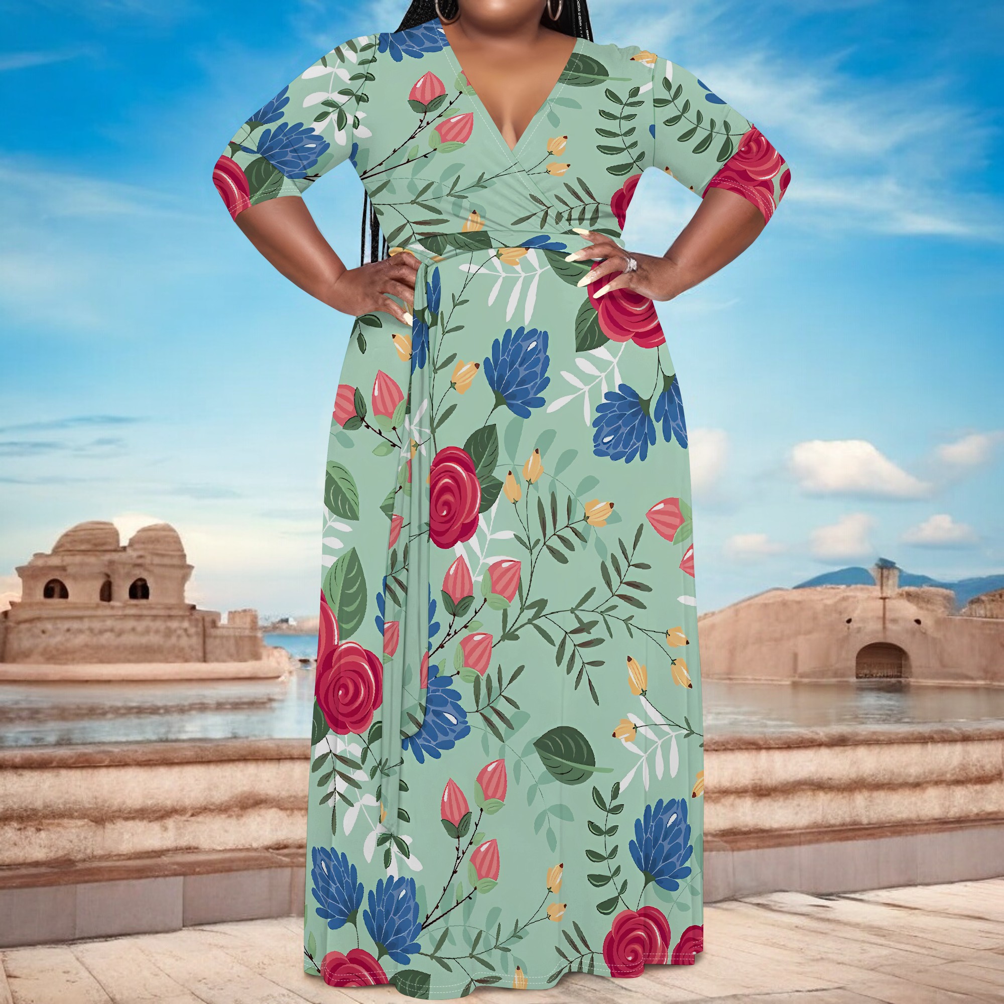 Plus size grøn blomsterprint slå-om maxikjole til kvinder sommer afslappet ferietøj