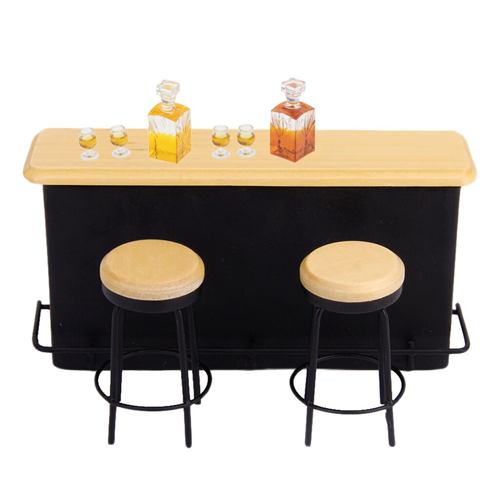 1:12 Mini Pub Bar Cabinet Stool Whiskey Wine Bottle Glass Cup Furniture Supplies