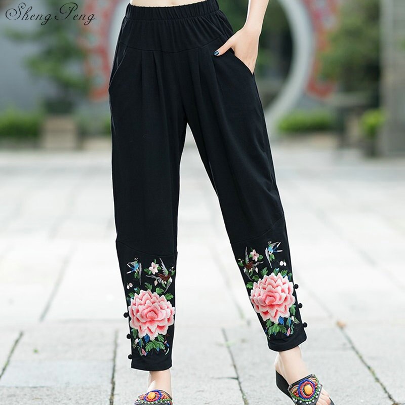 Printemps lâche grande taille brodé loisirs pantalon femme large jambe femmes pantalon décontracté chinois Harlan pantalon V1357: Default Title