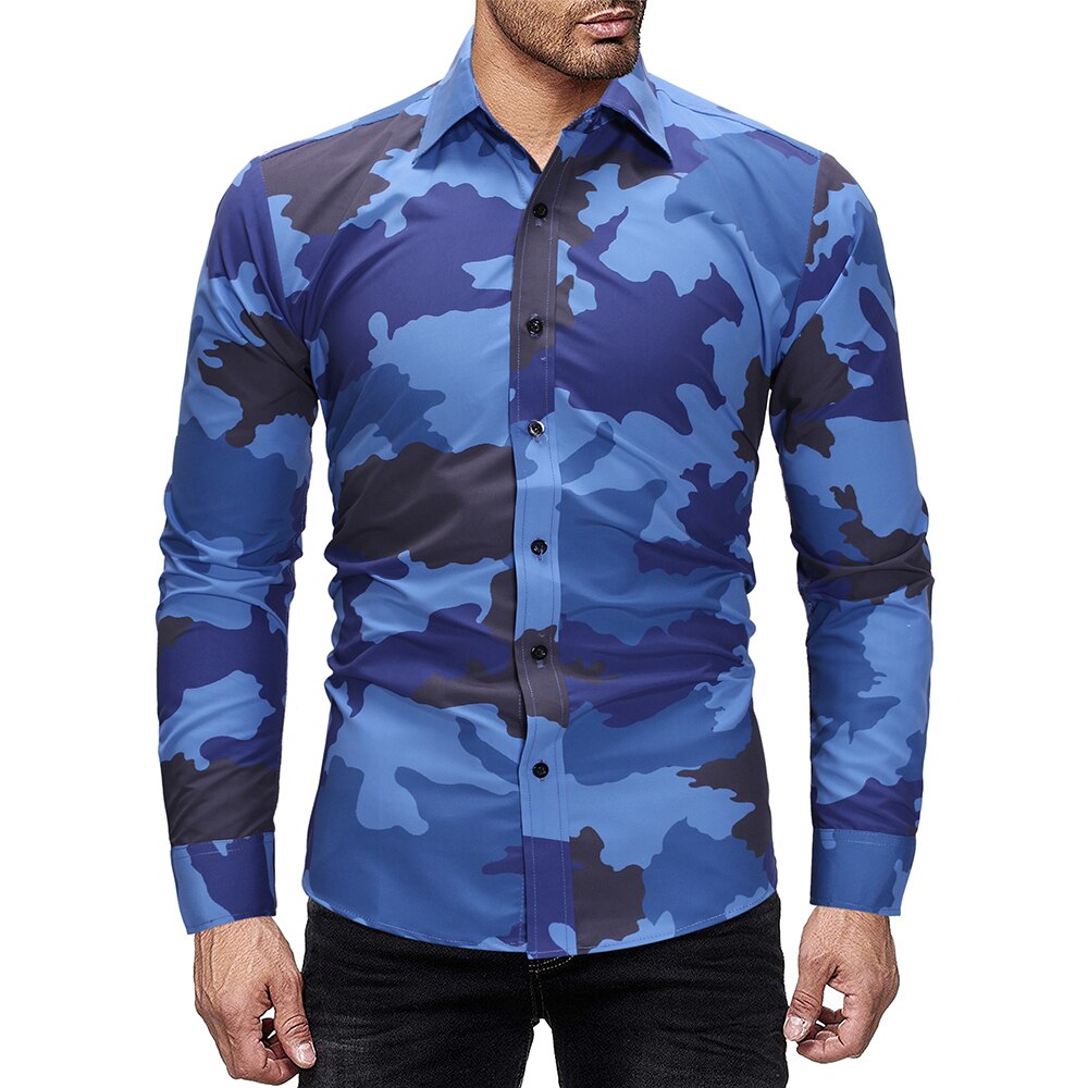 Efterår herre camouflage skjorter herre slim fit casual skjorte toppe mænd camo langærmet skjorte m -3xl: Blå / Xxxl