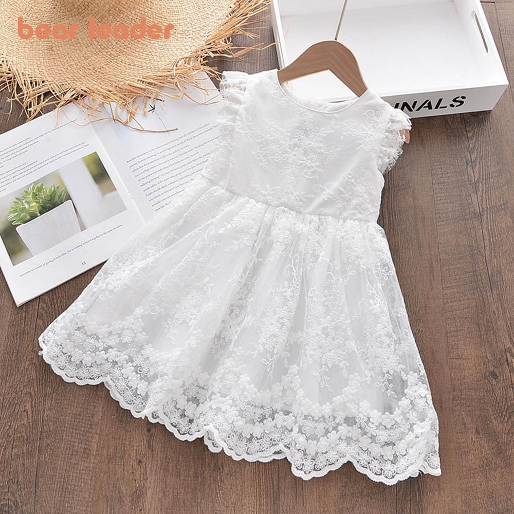 Bear Leader Zomer Meisjes Jurken Zoete Kinderen Katoen Kant Borduurwerk Ronde Hals Mesh Prinses Jurk 3-8Years Baby Kleding