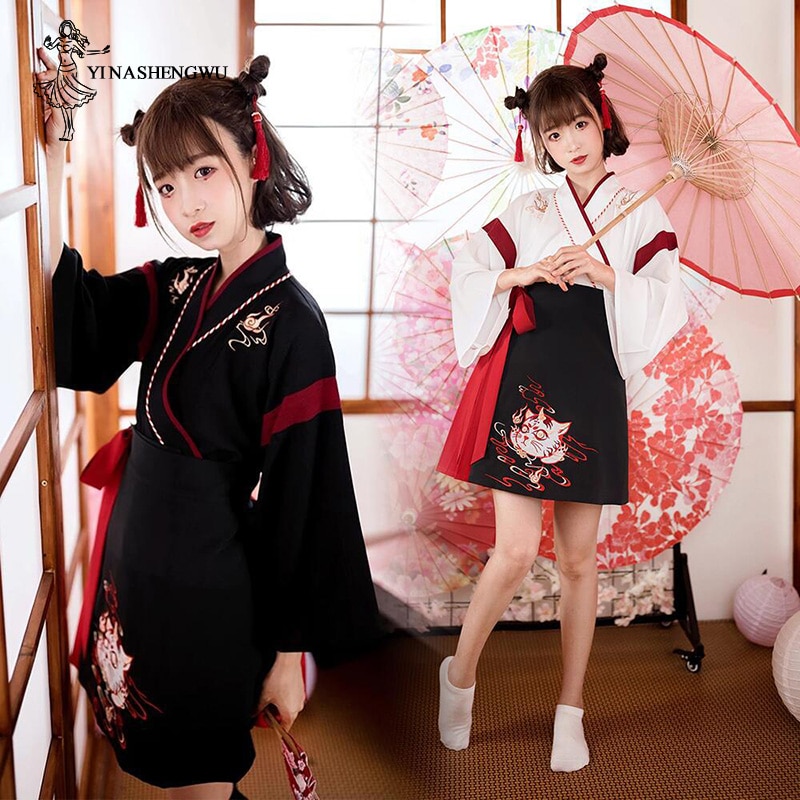 Japanse Jurk Kimono Vrouw Zwart Wit Kat Borduurwerk Rokken Vintage Aziatische Kleding Yukata Haori Cosplay Party 2 Stuks Sets