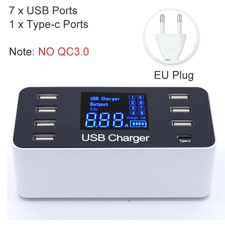 Goojodoq Quick Charge 3.0 40W 8-Port Usb Charger/Type C/Pd Charger Smart Led Display usb Snel Opladen Adapter Voor Telefoon Tablet: C-EU Plug