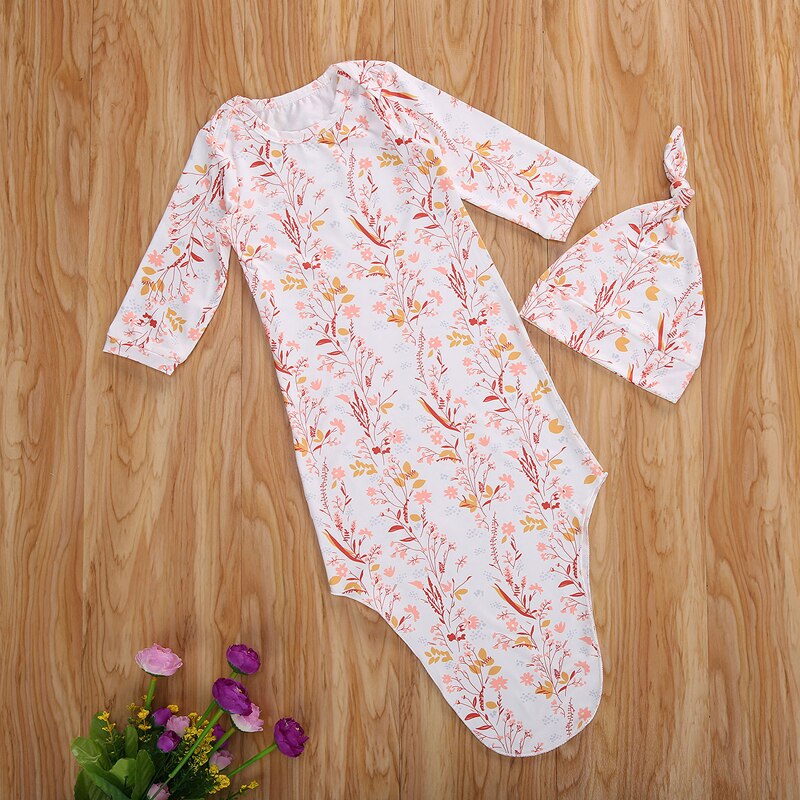 0-6M infantile -né bébé fille garçon dormir barboteuse à manches longues imprimé combinaison chapeau 2 pièces tenues ensemble 8 couleurs