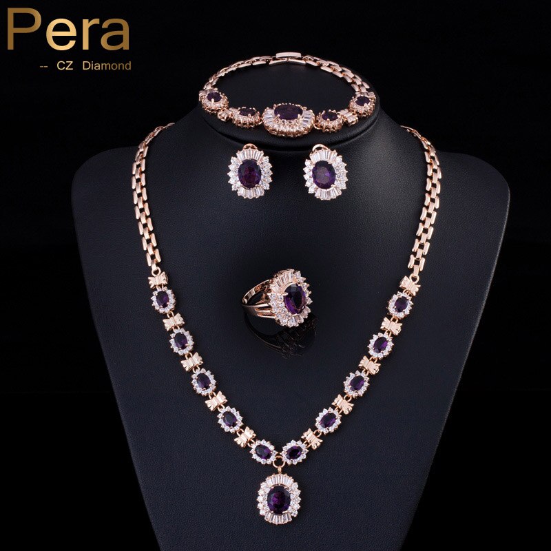Pera 4 Stuk Sets Grote Zirconia Vrouwen Goud Kleur Ronde Groene Steen Afrikaanse Dubai Bruiloft Sieraden Sets j087: Purple