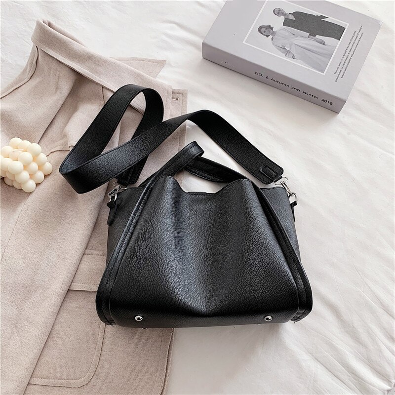 Casual Grote Capaciteit Emmer Zak Vrouwen Schouder Crossbody Tassen Luxe Pu Leer Composite Pakket Vrouwelijke Handtas Portemonnee: Black