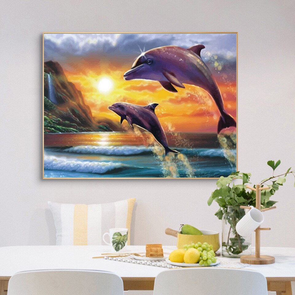 AZQSD Draw By Number On Canvas Dolphin Sunset DIY Pictures Oil Painting By Numbers Animal Home Decor HandPainted