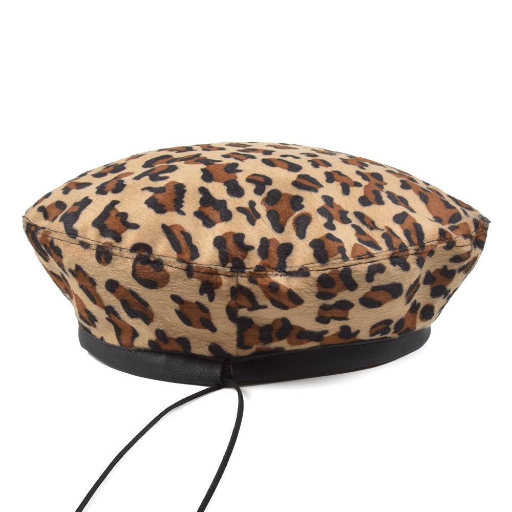 Kvinnor faux leopard baskertryck vinterhatt röd flicka konstnär brun fransk hatt ull kashmir vår kvinnlig vintage platt keps: 3