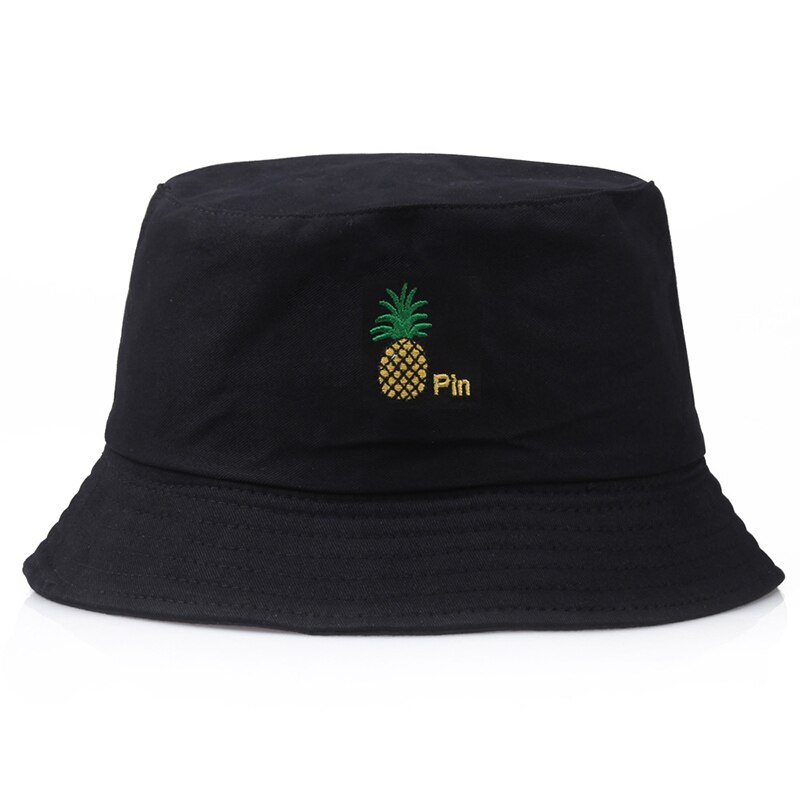 Ananas broderi spand hatte til kvinder mænd panama spand hat harajuku fiskeri fisker hat hip hop cap gorro de pescador: Sort