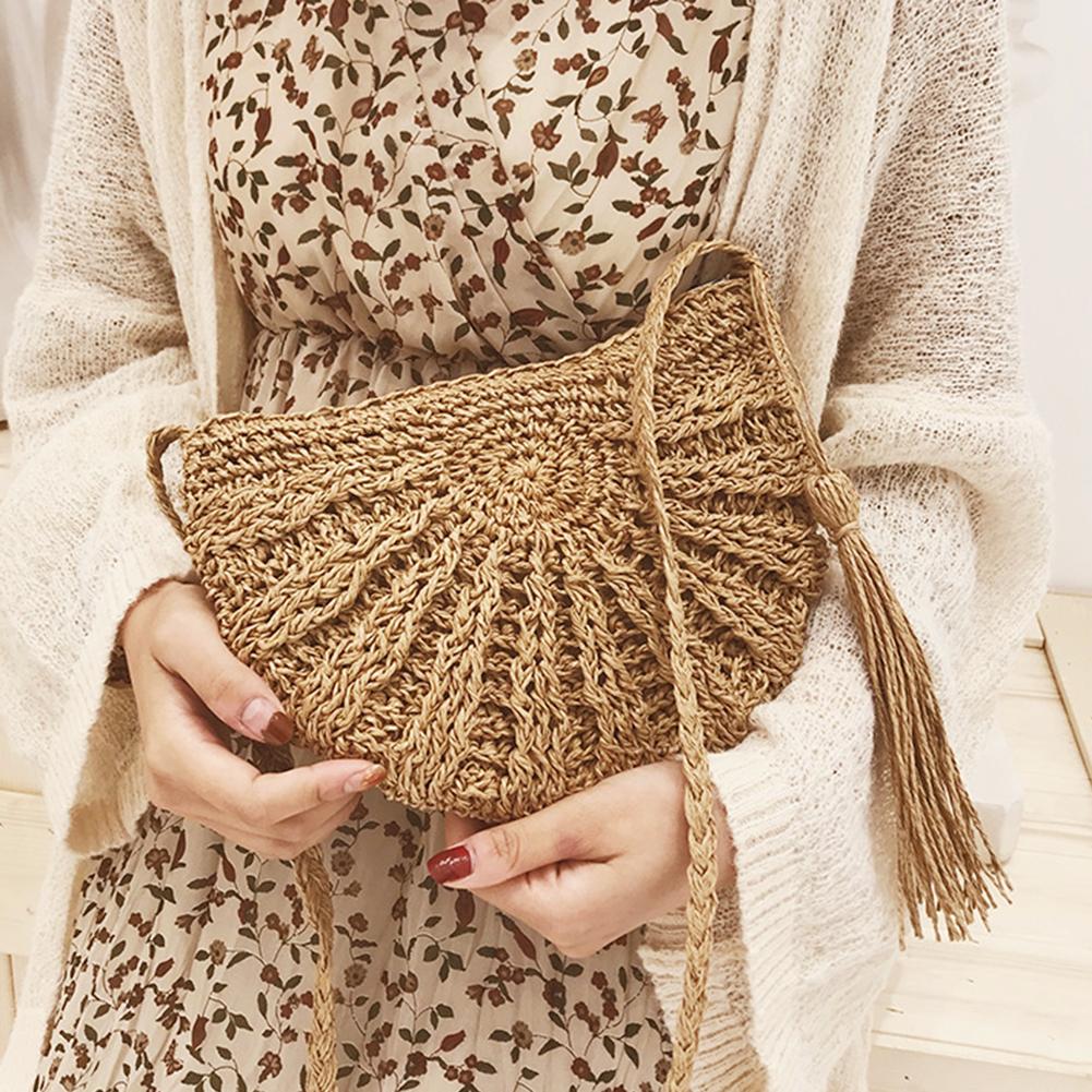 Summer Retro Straw Beach Bag Woven Tassels Messenger Handbags Women Fringed Crochet Straw Shoulder Crossbody Bag