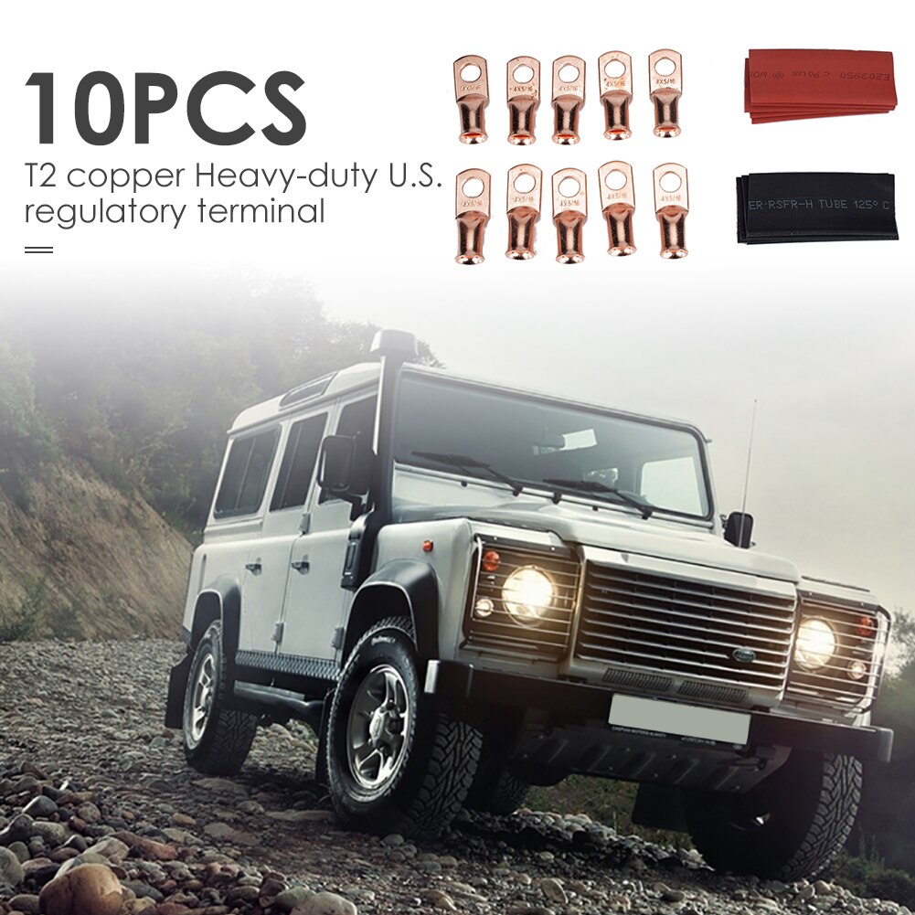 10 Set Heavy Duty Copper Battery Cable Ends Wire Lugs 4AWG 5/16 Hole with 2:1 Heat Shrink Tubes